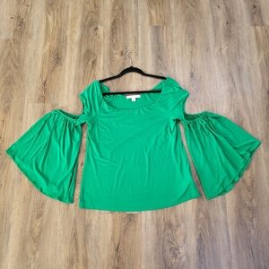 Boston Proper Green Cold Shoulder Top Shirt Tunic Size Large Flare Sleeves